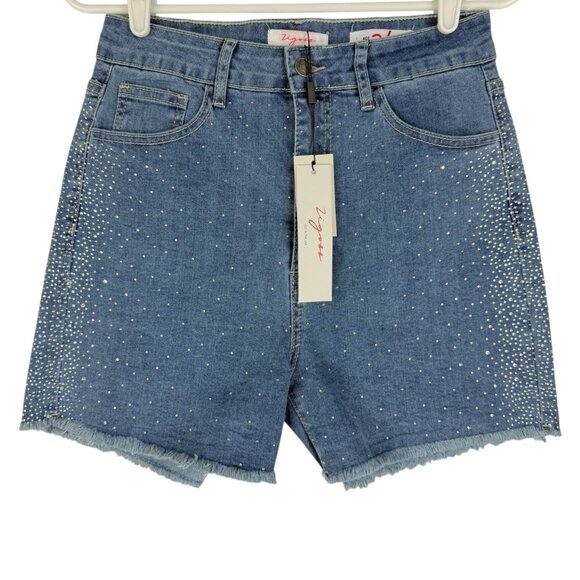Vigoss Women's Embellished Ace High Rise Stretch Blue Denim Shorts Size 7/28 NWT - Picture 1 of 10